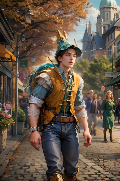 (absurdres, highres, ultra detailed, HDR), masterpiece, best quality, wizard of oz character, handsome young hero wearing detailed headgear, detailed face, handsome face, strolling at the town , detailed character, detailed outdoor