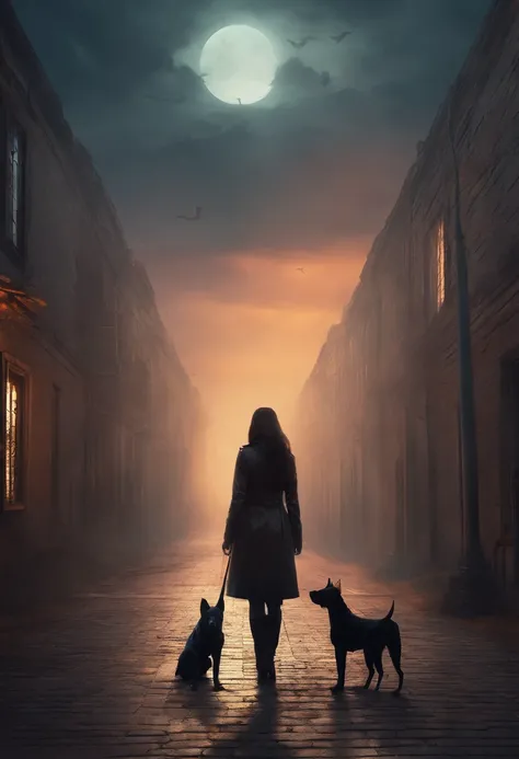 A digital image of a dark and eerie scene using V-Ray. A young woman + a Doberman dog standing in a park alley in front of an old psychiatric hospital building.
 Scene Characteristics: fearful and disturbing atmosphere, with twisted and intertwined plants,...