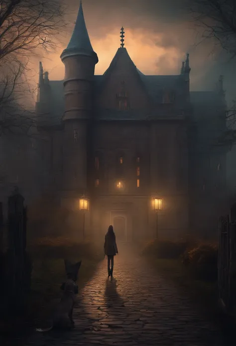 A digital image of a dark and eerie scene using V-Ray. A young woman + a Doberman dog standing in a park alley in front of an old psychiatric hospital building.
 Scene Characteristics: fearful and disturbing atmosphere, with twisted and intertwined plants,...