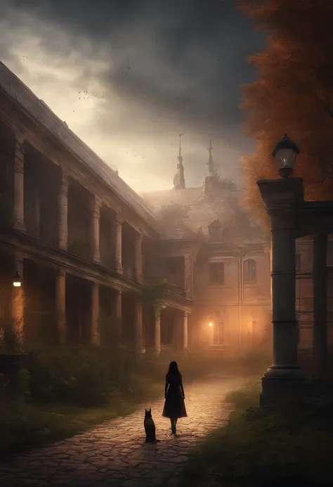 A digital image of a dark and eerie scene using V-Ray. A young woman + a Doberman dog standing in a park alley in front of an old psychiatric hospital building.
 Scene Characteristics: fearful and disturbing atmosphere, with twisted and intertwined plants,...