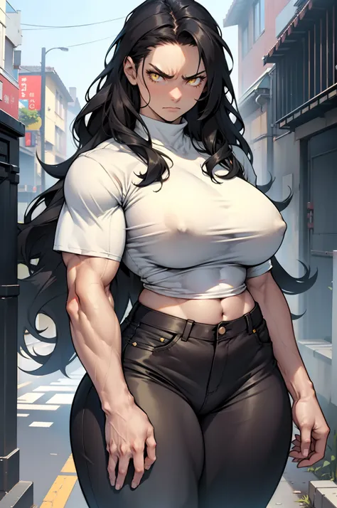 solo, ((((1 girl)))), very long hair, black hair, angry, yellow eyes, (((((muscular))))), (huge tits), (thick thighs), (wide hips), pale skin, (tight shirt), (tight pants), standing, wavy hair