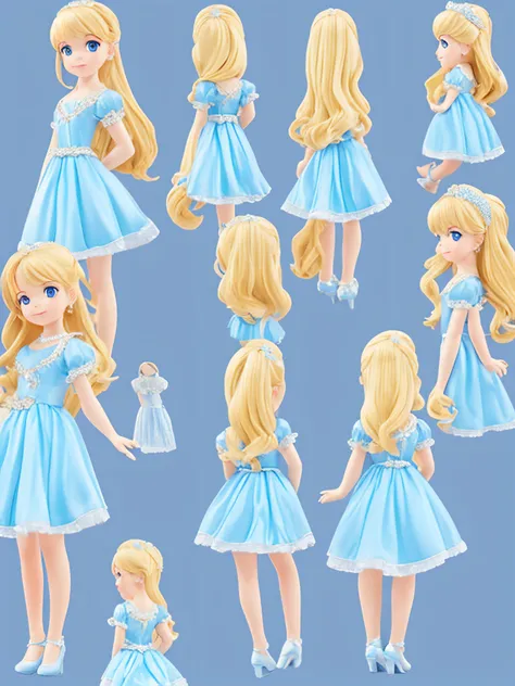 A Princess　Light blue dress　Golden hair　Rear view　character sheets　Consistent character　without background　picture book-style