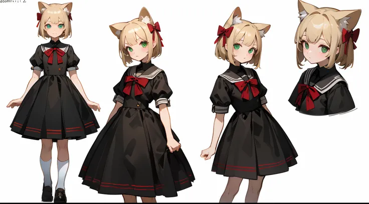 Masterpiece: 1.6, Best Quality: 1.4, Live Image: 1.2, intricate details: 1.2, Graphicsournerv2: 1.2, petite girl, blonde woman, green eye color, Short shoulder-length hair, cat ears, All-Black School Uniform with Red Bow, Schoolgirl girl, short sleeves, In...