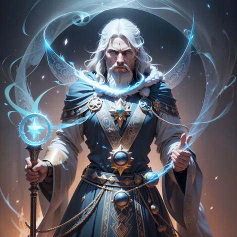 midjourny-v4 style, Professional Photoshot medium a male mage, tunic over head, beard and white hair, holding shiny staff, ancient mystical time lord, archmage, legendary god with light blue tunic and highly detailed white intricate, time father, beautiful...