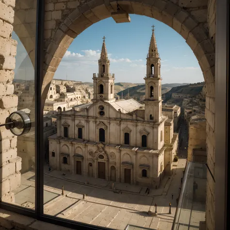 documentary photo of the Cathedral of Matera (church) with its bell tower inside a square glass jar with lid, placing on the windowsill, extremely detailed, 8K, apocalyptic punk style, miniatures, macro photography in close-up