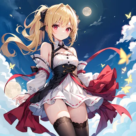 a blond、poneyTail、red eyes、Beautiful girl alone、doress、off shoulders、a miniskirt、Black tights、a moon、natta、Gentle expression