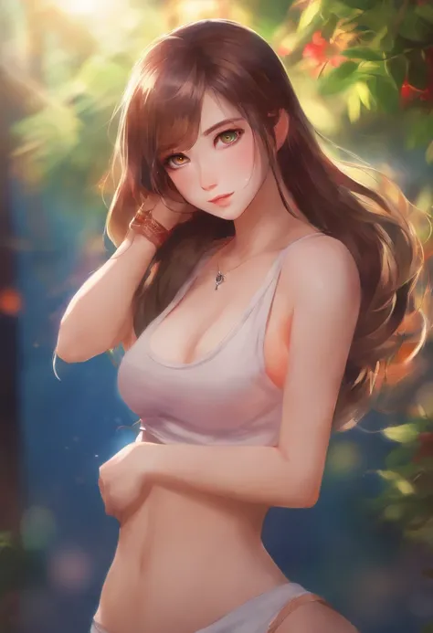 (anime girl), (underboob shirt), [beautiful detailed eyes], [long hair], [colorful background], [vibrant colors], [soft lighting], (best quality), (anime style), (colorful tones), (highres), (bokeh), (ultra-fine painting), (physically-based rendering)