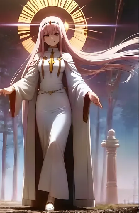 zero two, dress, sun halo, holy, smile,,, medium breast, priestess, full body, walking, divine aura, sun halo, solar halo, long skirt