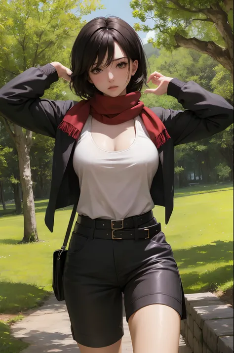 (masterpiece), best quality, expressive eyes, perfect face, outdoor in the woods, (1 girl), 

 medium breasts, collarbone, hmmikasa, short hair, black eyes, scarf, red scarf, emblem, belt, thigh strap, black shorts , long sleeves, brown jacket, (laying on ...