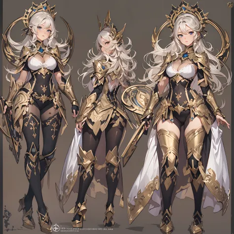 ((Masterpiece, Highest quality)), Detailed face, CharacterDesignSheet， full bodyesbian, Full of details, Multiple poses and expressions, Highly detailed, Depth, Many parts，Beautiful paladin girl，holding a shield，Extremely beautiful，High Balance, Natural li...