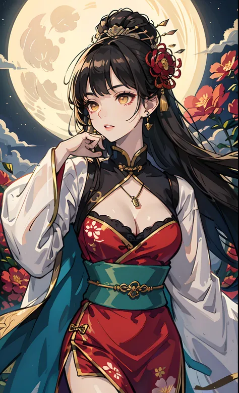 An unimaginable scene of a bright moonlit night, 1girll, Solo, Turning Head, teeth, parted lip, 8K, Best quality,High quality Deep V clothes, Masterpiece,rich facial texture,  beautiful pendant,Evening, full moon, Medium breasts,(Chinese clothing), jewelry...