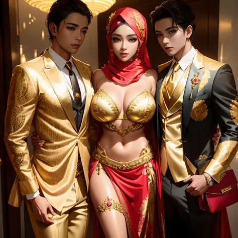 there are two men and a woman dressed in costumes posing for a picture, gold suit, exotic costumes, three futuristic princes, dressed in expensive clothes, & jeehyung lee & wlop, golden robes, elegant gold skin, gilded outfit, elegant glamourous cosplay, g...