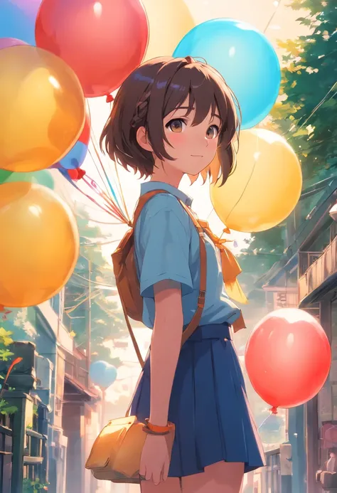 A girl with a zoo, Many balloons, cheerfulness, cheerfulness, Perfect quality, Clear focus (clutter-home: 0.8), (Masterpiece: 1.2) (Realistic: 1.2) (Bokeh) (Best quality) (Detailed skin: 1.3) (Intricate details) (8K) (Detail eyes) (Sharp focus), (cheerfuln...