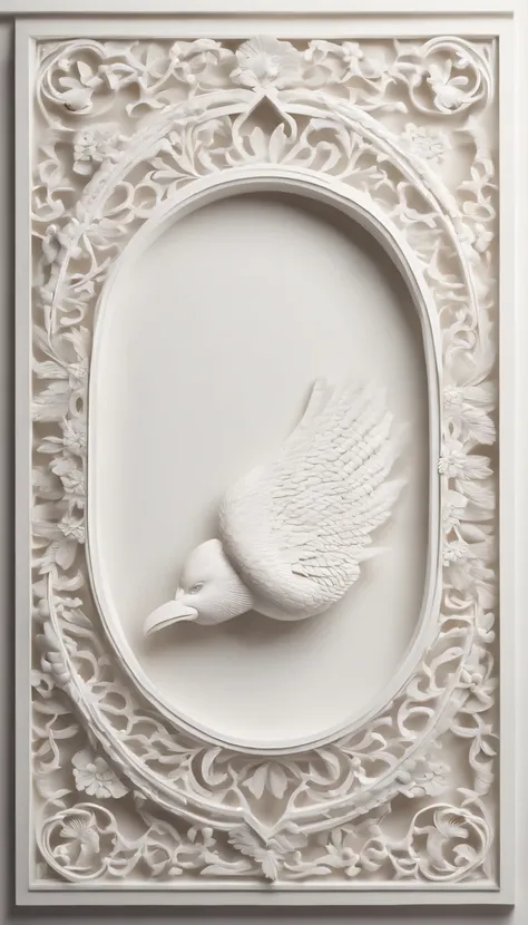 3D white frame, relief rounded frame, no object on the center of the frame, blank frame content, meticulously carved, white ivory carving, minimalistic, white spaces, javanese illustration on circled blank backgound, pastel, javanese style, blank backgroun...