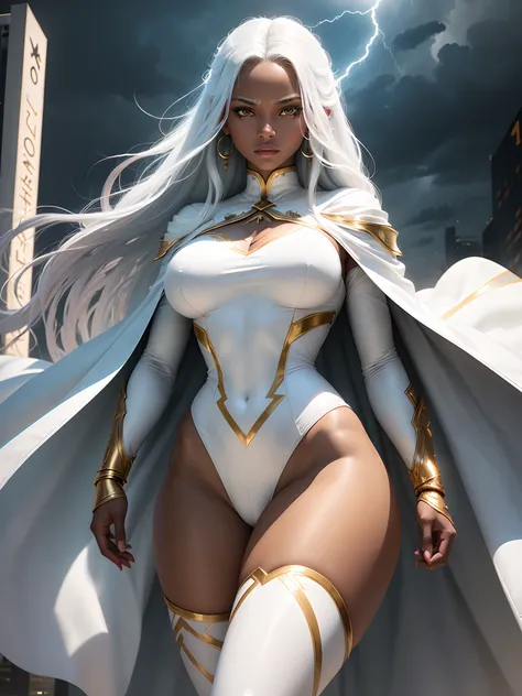 (dark skin: 1.6), (New York: 1.4), (time square: 1.3), (Day with Thunder and Lightning: 1.5), Storm, also known as Ororo Munroe, is a Marvel character with a remarkable appearance. She is a dark-skinned woman with a pretty face and perfect features, with b...