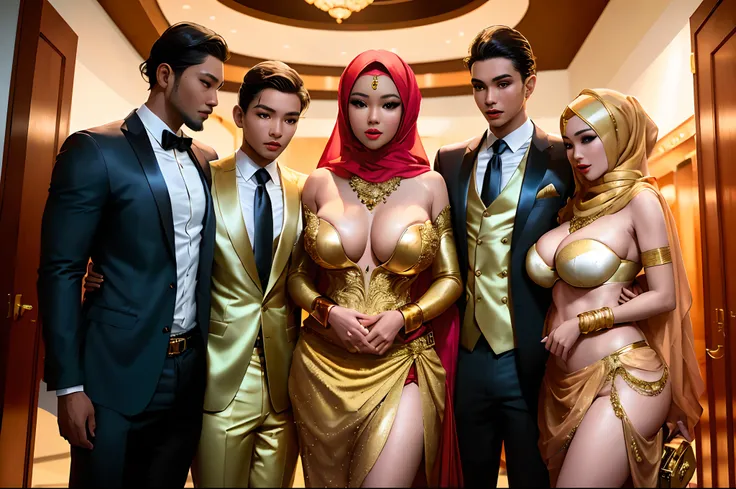 there are four people dressed in costumes posing for a picture, glamourous cosplay, publicity cosplay, elegant glamourous cosplay, inspired by Hedi Xandt, official fanart, band of gold round his breasts, full-cosplay, exotic costumes, gold suit, golden ski...