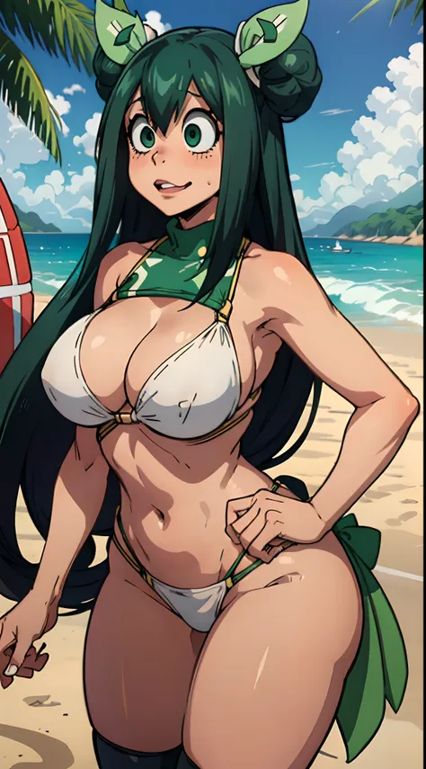 (best quality:1.3), Tsuyu Asui por boku no hero , (naughty face ),  peituda, clivagem, sedutora, sexy, body curvy, bunda grande, peitos grandes,(thong bikini),  (beach),