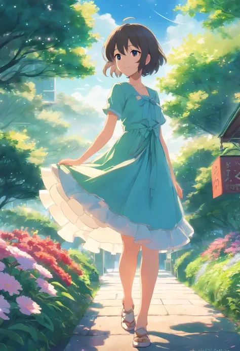 (tmasterpiece、top-quality、illustratio、Extremely high quality、high-level image quality、Extremely sensitive writing)Girl with long silver hair standing in beautiful flowery garden、A slight smile、She has a large bouquet、Cute national costume style dress，There...