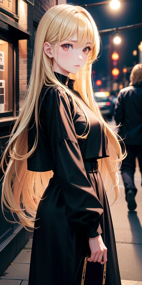 1 adult woman, slightly adult face but cute, long blonde hair, black clothes, clothes with little decor, red eyes, neutral reaction, street scene at night