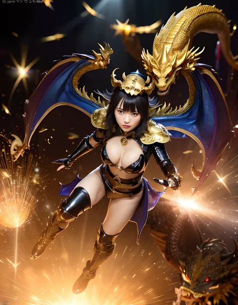 ((World of Darkness)),Professional , ​masterpiece、top-quality、photos realistic , depth of fields 、(((Fight dragons))),（Dragon Black Metal Body:1.9),(Latex Blue、（cleavage of the breast）,（Fight dragons）、Full Body Angle、(((Particles of light))),（Micro Bikini ...