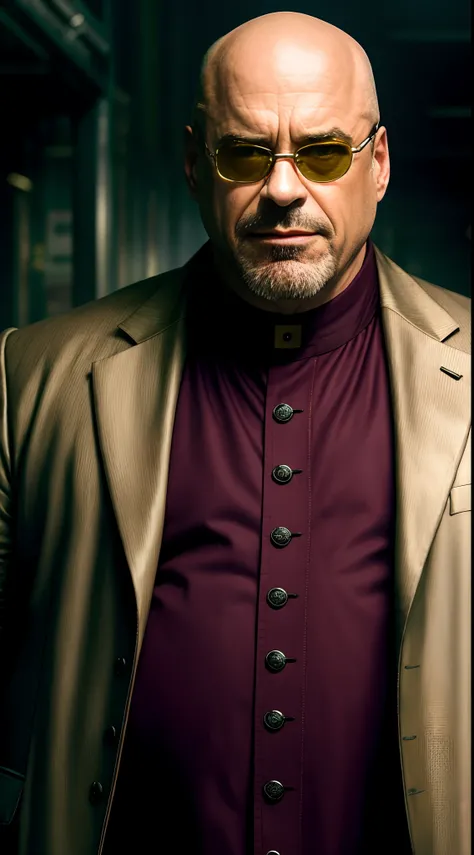 (extremely detailed 8k wallpaper), realistic photo of Robert Downey Jr as The Kingpin, fat body, bald, Intricate detail, High Detail, dramatic, evil smile, apocalyptic background, head room space, 8k, photorealistic, full body shot