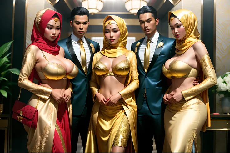 there are four people in a room with gold clothing and a woman in a red dress, in style of kar wai wong, harem, band of gold round his breasts, sexy movie photo, malaysian, golden robes, gold suit, inspired by Hedi Xandt, exotic costumes, golden skin, port...