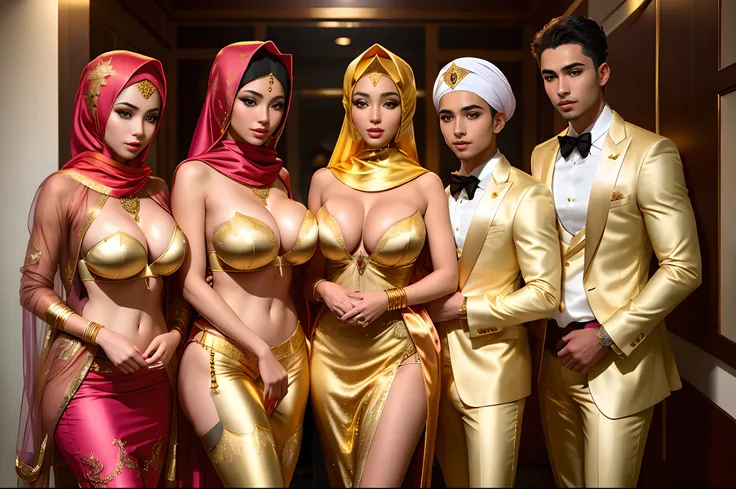 three men and three women in gold outfits posing for a picture, inspired by Hedi Xandt, exotic costumes, band of gold round his breasts, harem, glamourous cosplay, golden skin, smooth gold skin, elegant glamourous cosplay, oriental fantasy, publicity cospl...