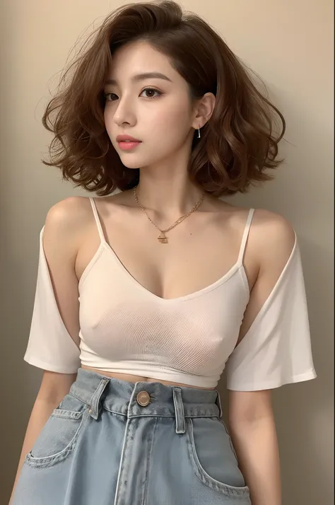 Arab lone asian woman in white top and gray pants, Korean Girl, Sexy Girl, Asian Girl, Beautiful Asian Girl, instagram model, Gorgeous young Korean woman, 21 years old, Young Female Korean Model、Bright lighting、a necklace、A bracelet、耳Nipple Ring、small tits...