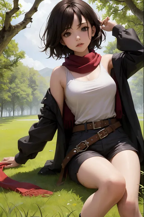 (masterpiece), best quality, expressive eyes, perfect face, outdoor in the woods, (1 girl), 

 medium breasts, collarbone, hmmikasa, short hair, black eyes, scarf, red scarf, emblem, belt, thigh strap, black mini shorts , long sleeves, brown jacket, (layin...