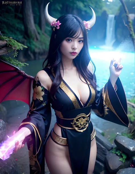 ((World of Darkness)),Professional , ​masterpiece、top-quality、photos realistic , depth of fields 、（sexypose）、(Background of cherry blossoms in full bloom),（Ultimate Beauty）、A dark-haired、（White bikini armor)、（Kimono with beautiful pattern）、（Night backgroun...