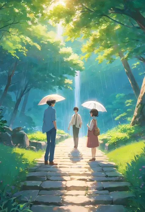 An ancient couple looking at the scenery on a stone bridge，There is a willow tree next to it，There was light rain in the sky，The boy was dressed in a white oil-paper umbrella，Two people hiding under an umbrella，Both boys and girls have beautiful and delica...