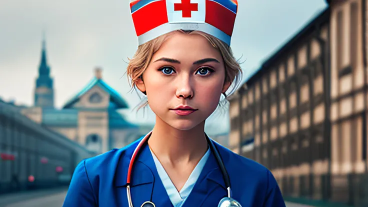 Realistic, 1girll, (Nurse:1.4), full bodyesbian, primitive, Nikon Z 85mm, Frontlighting, hdr, Beautiful, Petite 18-year-old supermodel, (nurses outfit:1.2), god light, blond hairbl, (Short hair:1.2), Bright blue eyes, coalescence, Petite, ((Carmelto:1.2)),...