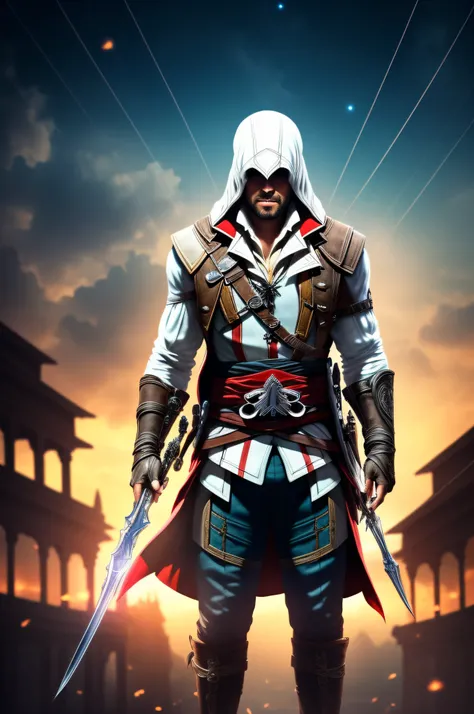 (Cinematic Photo, Maximum realism), (CG 8k wallpapers are extremely detailed, Masterpiece, Best Quality, Ultra-detailed), ((the main character from the game Assassins Creed looks like a cyborg, Prominent glowing wires, Bright neon liquid flows through tran...