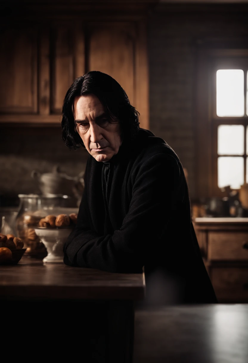 Severus Snape’s eyebrows creased in thought and, without a word, he swept past Harry Potter and entered the kitchen, closing the door quietly behind him.