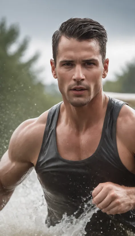 Un hombre musculoso corriendo en una tormenta con rayos y agua , Cinematic and realistic shot