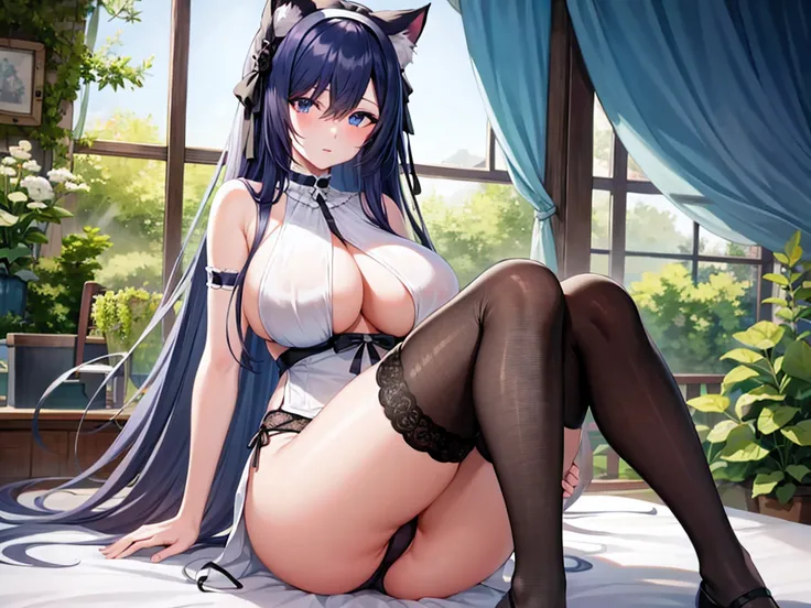 ultra High quality, masterpiece, ultra-detailed, black stockings, purple lingerie, purple panties, choker, headress, girl, solo, peaceful expression, long black hair, enchanting blue eyes, cat ears, giant breasts, bedroom, big ass, big boobs