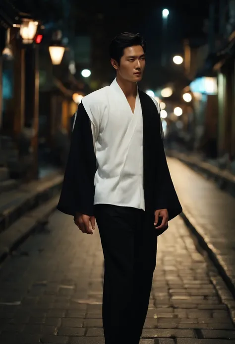 (Handsome men: 1.4), White shirt, Short black hair, Delicate face, Fair skin, Black kimono、 ((On the street at night: 1.4)), Night, Deserted, nobody, 8km HD Images, Masterpiece-level high-quality images,ryokan