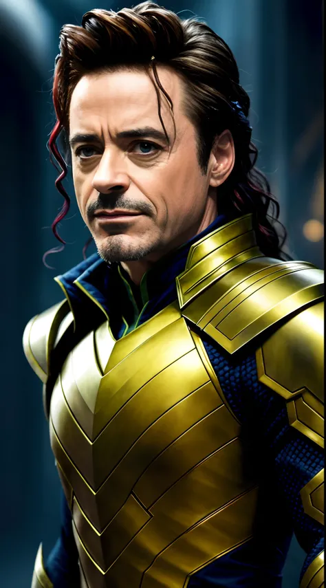 (extremely detailed 8k wallpaper), realistic photo of Robert Downey Jr as Loki, Intricate detail, High Detail, dramatic, evil smile, apocalyptic background, head room space, 8k, photorealistic, full body shot