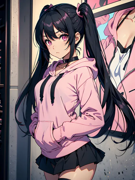 solo, anime girl, 1girl, black hair, pink eyes, twintail, pink hoodie, detailed eyes, beautiful eyes, medium breasts, choker