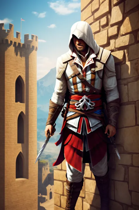 (Cinematic Photo, Maximum realism), (CG 8k wallpapers are extremely detailed, Masterpiece, Best Quality, Ultra-detailed), ((the protagonist from the game Assassins Creed climbs the wall of the castle)), (a detailed description of the character of the game ...