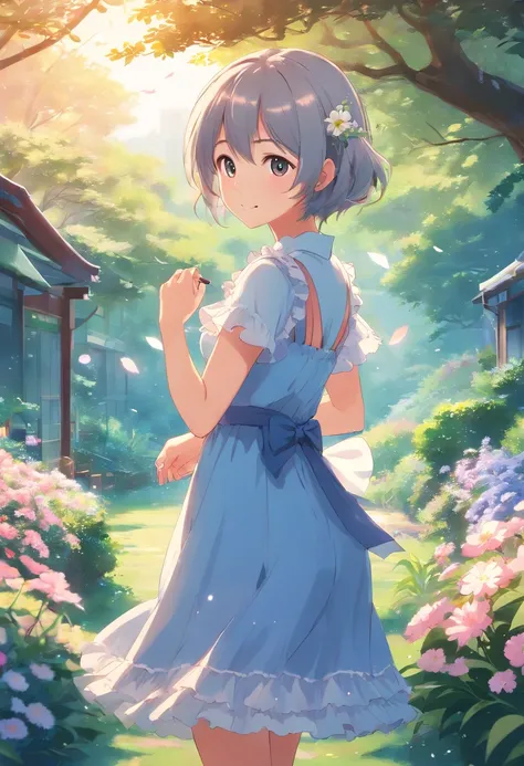 (tmasterpiece、top-quality、illustratio、Extremely high quality、high-level image quality、Extremely sensitive writing)Girl with long silver hair standing in beautiful flowery garden、A slight smile、She has a large bouquet、Cute national costume style dress，There...