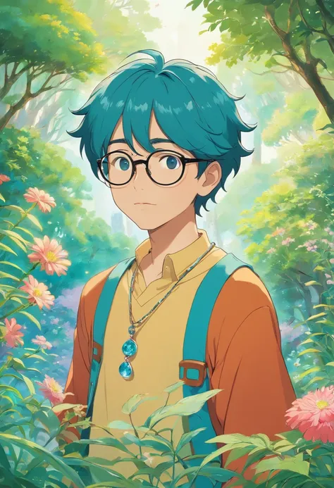 a boy wearing glasses, a necklace and long earrings, with a calm garden landscape style, colorful animated stills, masami teraoka, aquamarine, paul gauguin, Embry style, honest depiction