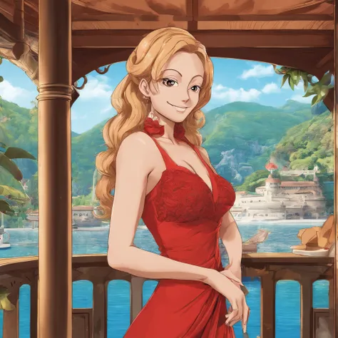 Nami from one piece wearing red ball gown in a gazebo, standing with one hand on jer hips and other is holding a glass of red wine, masterpiece, illustration 0.8, outfit 1.6, face 1.1, perfect anatomy, Nami face features