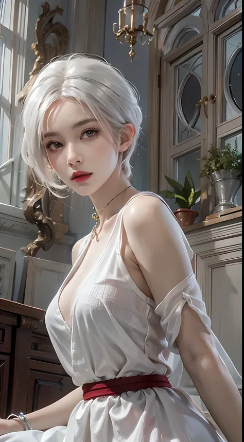 Photorealistic, High resolution, 1womanl, Solo, hips up high, view the viewer, (Detailed face), White hair, pixie cut , maid clothes, Jewelry, red hair