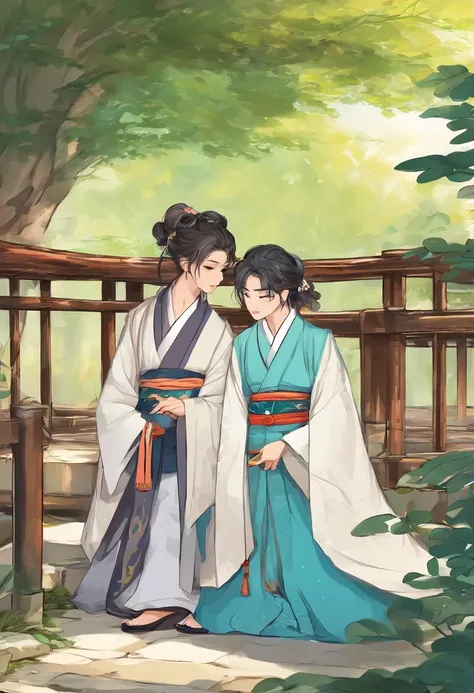 A couple dressed in Hanfu watching the scenery on a stone bridge，There is a willow tree next to it，There was light rain in the sky，The boy was wearing a white oil-paper umbrella，Two people hiding under an umbrella，Both boys and girls have beautiful and del...