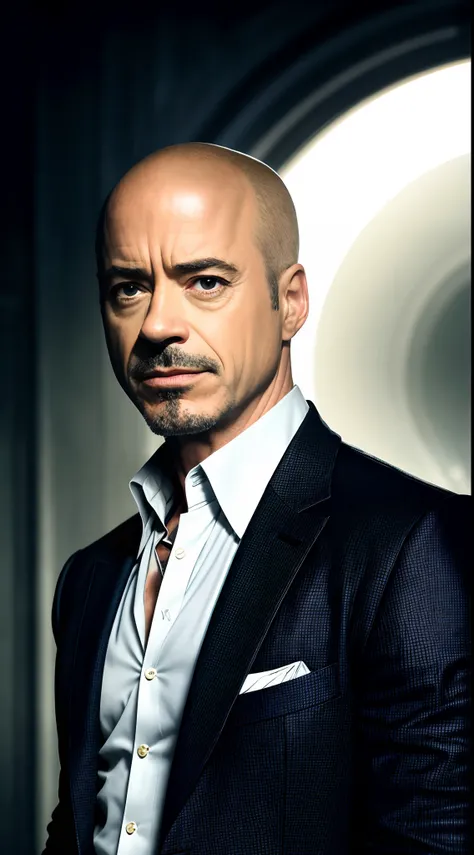 (extremely detailed 8k wallpaper), a medium shot photo of Robert Downey Jr as Lex Luthor, no hair, Intricate detail, High Detail, dramatic, evil smile, apocalyptic background, head room space, 8k, photorealistic, full body shot