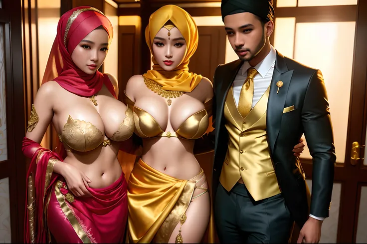 there are two women in costumes posing for a picture, exotic costumes, deviantart artstation cgscosiety, cgsociety masterpiece, trendin on artstation, elegant gold skin, harem, middle eastern skin, highly detailed exquisite fanart, & jeehyung lee & wlop, a...