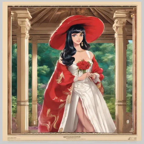 Nico Robin from one piece wearing red ball gown in a gazebo, standing with one hand on jer hips and other is holding a glass of red wine, masterpiece, illustration 0.8, outfit 1.6, face 1.1, perfect anatomy, expressive eyes, magnificent eyes, perfect smile