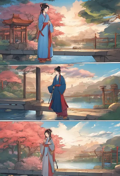 A couple dressed in Hanfu watching the scenery on a stone bridge，There is a willow tree next to it，There was light rain in the sky，Two people hiding under an umbrella，Both boys and girls have beautiful and delicate blue eyes，Look at each other，Delicate com...