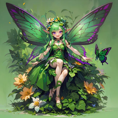 Master pieces,8k wallpaper,best quality,cute,(1girl:1.3),green hair,purple eyes,Young flower fairy,Leprechauns,(flat chest),full body,solo,Elf,pointed ears,There is a colorful garland on the head,(Elf dress：1.2),(The color of the dress changes from green t...